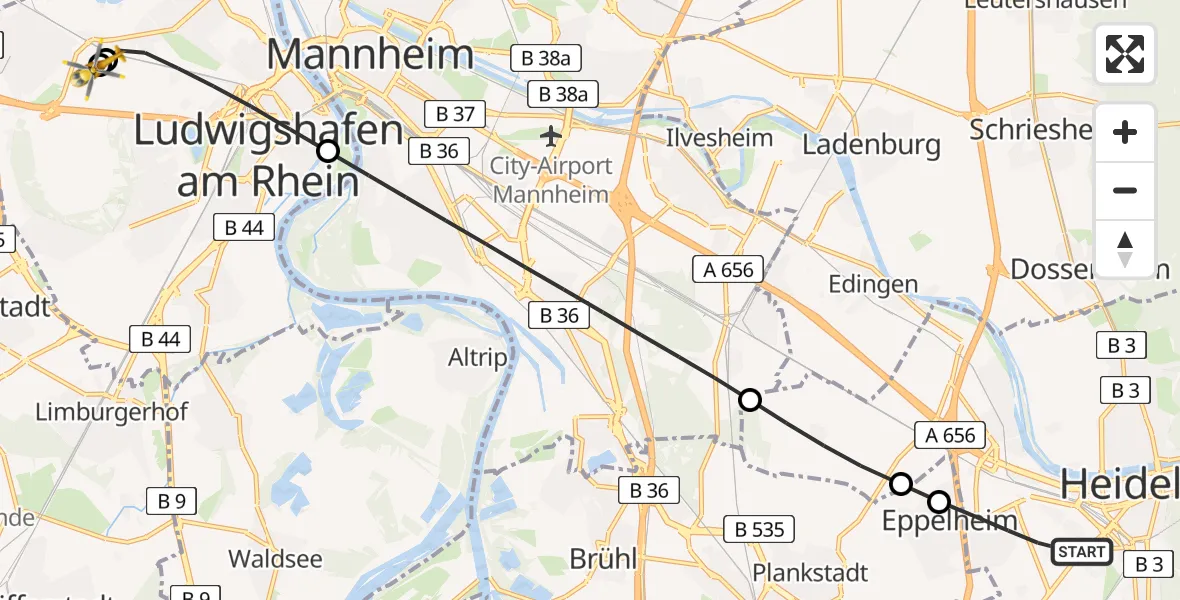 Flugroute Rettungshubschrauber Heidelberg - Ludwigshafen Accident Hospital, 02 Juli 2026, 09:43