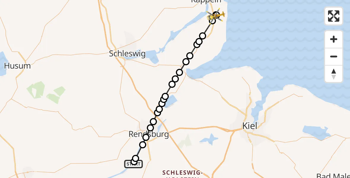Flugroute Ambulanzhubschrauber Rendsburg-Schachtholm Flugplatz - Dörphof, 02 Juli 2026, 09:44
