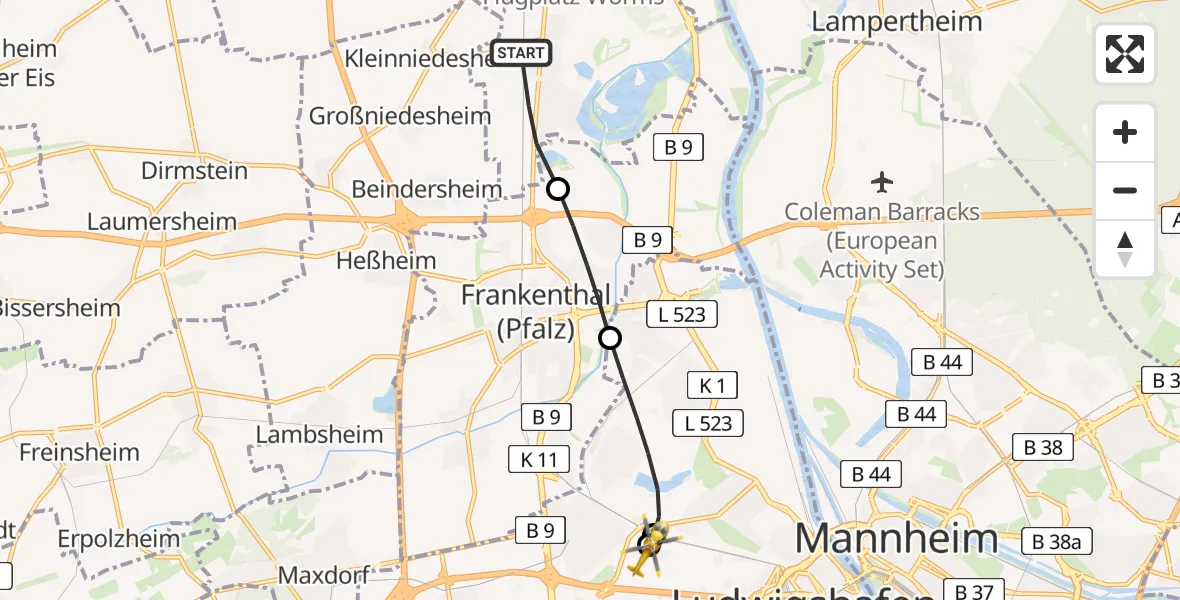 Flugroute Rettungshubschrauber Bobenheim-Roxheim - Ludwigshafen Accident Hospital, 02 Juli 2026, 09:54