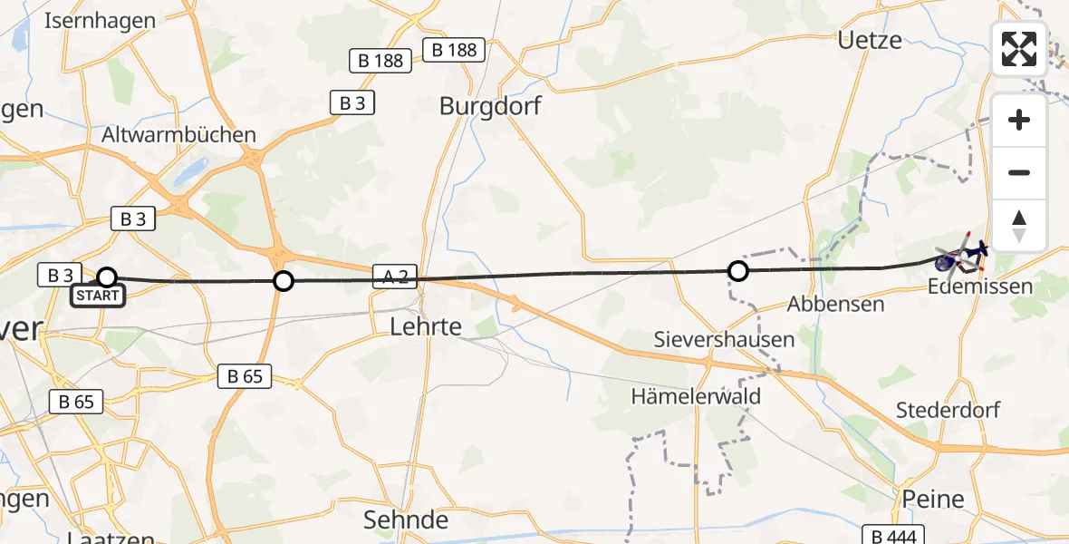 Flugroute Polizeihubschrauber Hannover Luftrettung Hubschrauberlandeplatz (Christoph 4) - Edemissen, 02 Juli 2026, 09:54
