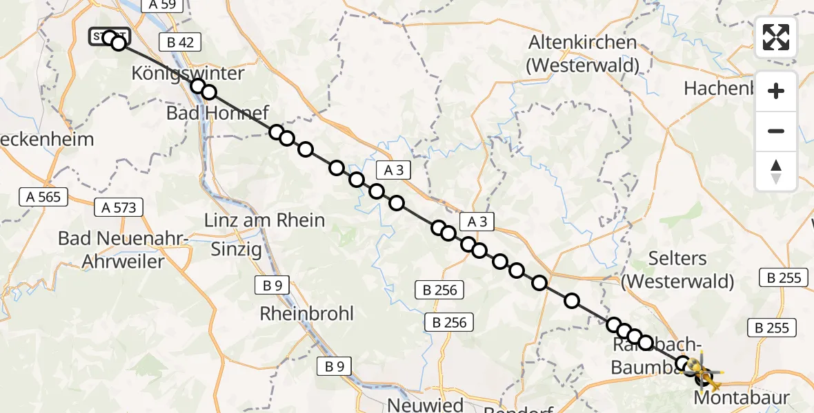 Flugroute Ambulanzhubschrauber Bonn University Hospital - Dernbach Sacred Heart Hospital, 02 Juli 2026, 09:55