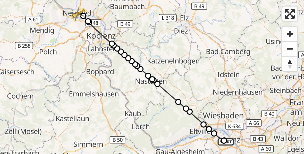 Flugroute Rettungshubschrauber Mainz University Hospital - Neuwied, 02 Juli 2026, 09:57