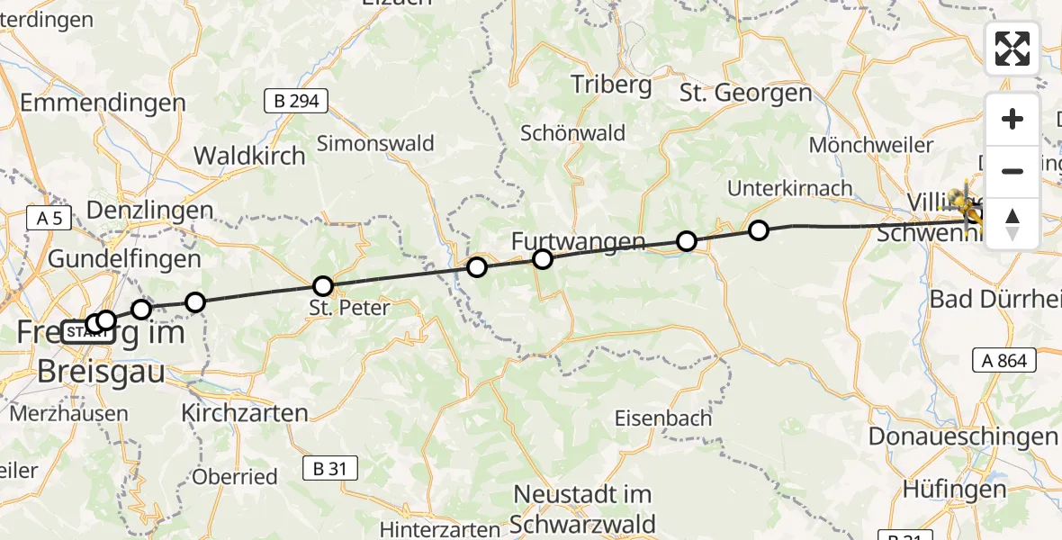 Flugroute Ambulanzhubschrauber Freiburg University Hospital Heliport 2 - DRF Air Rescue Station Villingen-Schwenningen Hubschrauberlandeplatz (Christoph 11), 02 Juli 2026, 09:57
