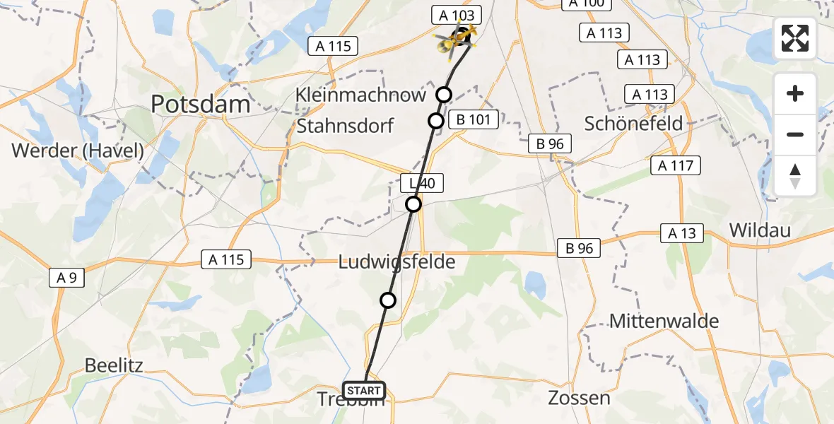 Flugroute Rettungshubschrauber Trebbin - Charité Clinic Benjamin Franklin Campus, 02 Juli 2026, 10:00