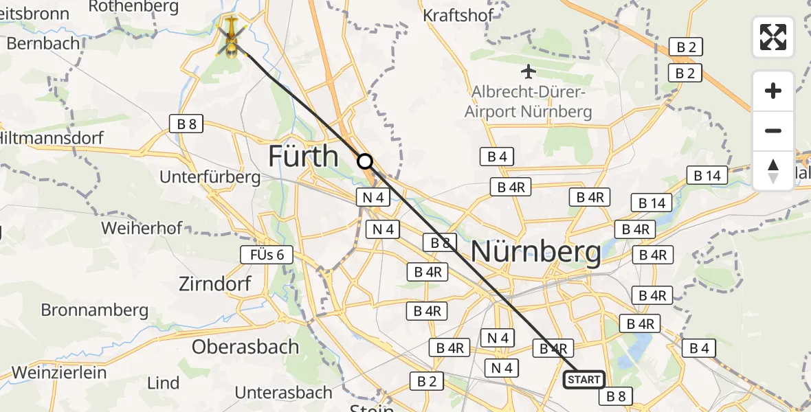 Flugroute Ambulanzhubschrauber Nürnberg - Fürth, 02 Juli 2026, 10:01