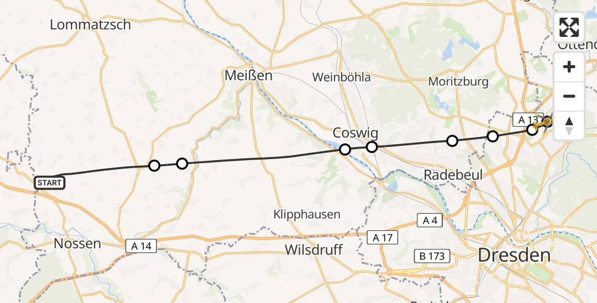 Flugroute Rettungshubschrauber Nossen - Dresden Bundespolizei Hubschrauberlandeplatz, 02 Juli 2026, 10:02