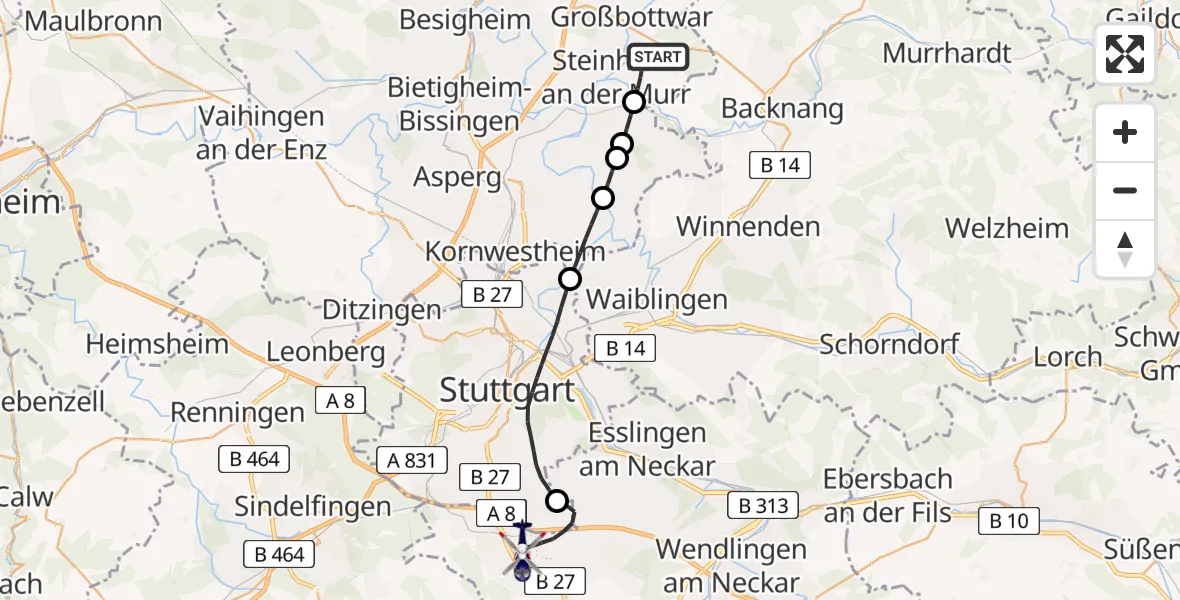 Flugroute Polizeihubschrauber Steinheim an der Murr - Flughafen Stuttgart, 02 Juli 2026, 10:02