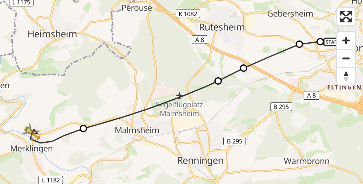 Flugroute Rettungshubschrauber Leonberg Hospital - Weil der Stadt, 02 Juli 2026, 10:05