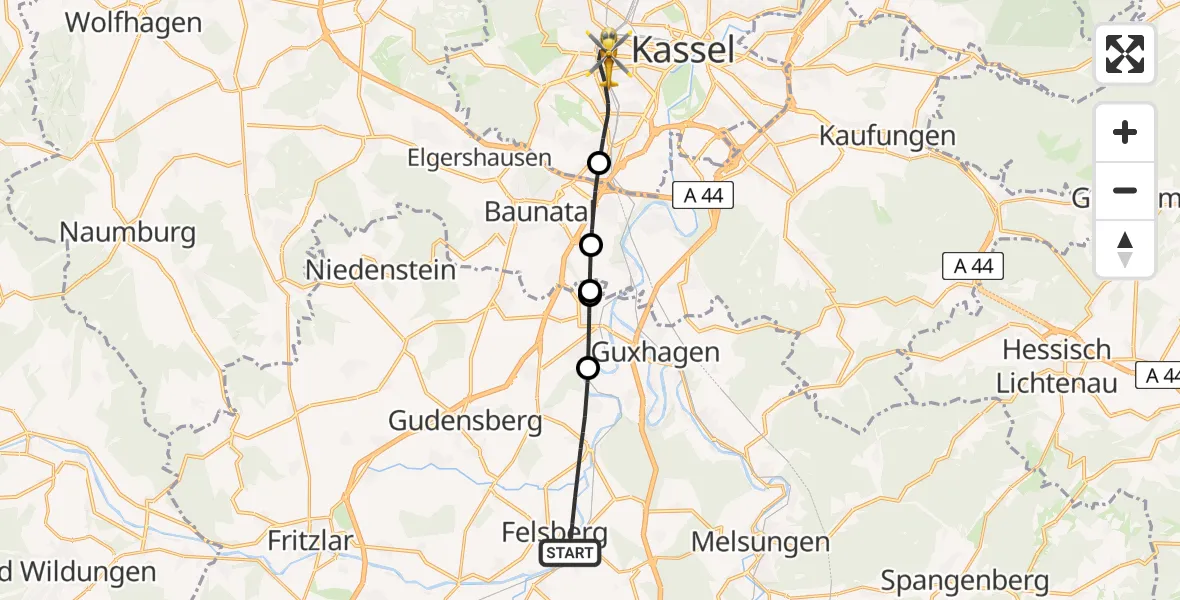 Flugroute Rettungshubschrauber Felsberg - Kassel, 02 Juli 2026, 10:07