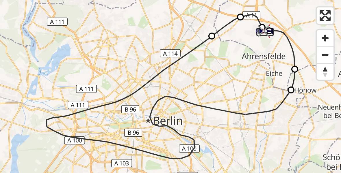 Flugroute Polizeihubschrauber Ahrensfelde Hubschrauberlandeplatz - Ahrensfelde Hubschrauberlandeplatz, 02 Juli 2026, 10:14