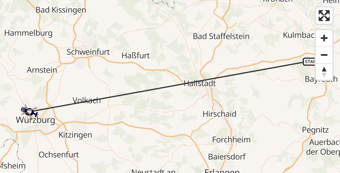 Flugroute Polizeihubschrauber Neudrossenfeld - Würzburg, 02 Juli 2026, 10:19