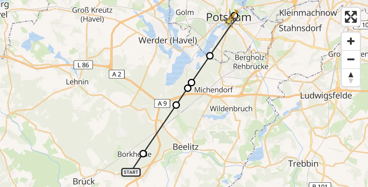 Flugroute Rettungshubschrauber Borkheide - Ernst von Bergmann Clinic Hubschrauberlandeplatz, 02 Juli 2026, 10:23
