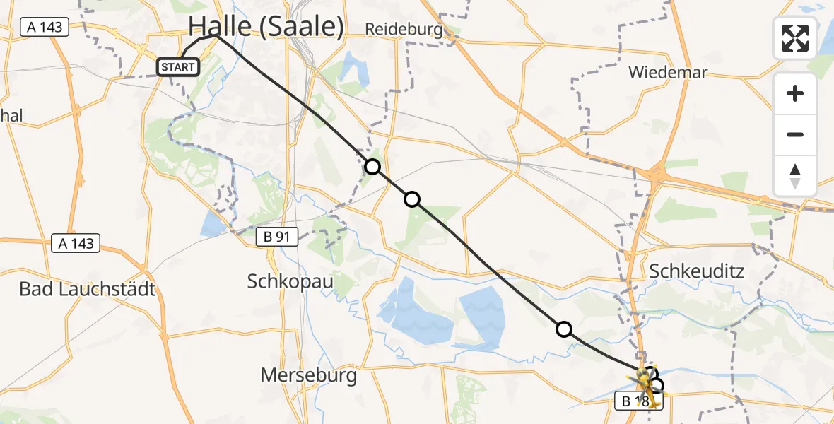 Flugroute Rettungshubschrauber Halle (Saale) - ADAC Air Rescue Station Leipzig/Schkeuditz-Dölzig Hubschrauberlandeplatz (Christoph 61), 02 Juli 2026, 10:24