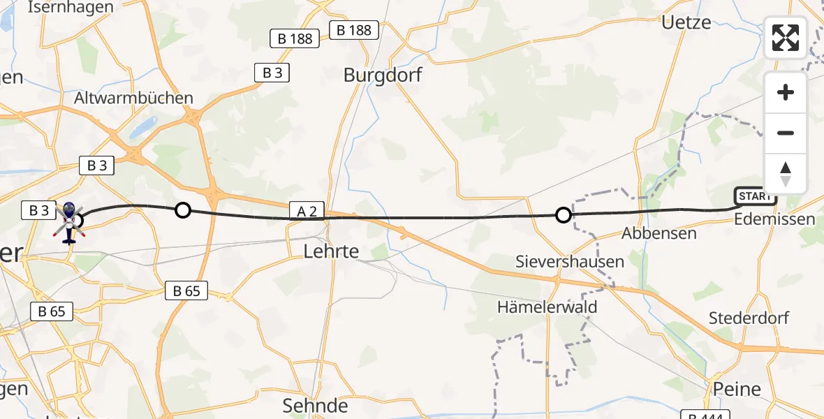 Flugroute Polizeihubschrauber Edemissen - Hannover Luftrettung Hubschrauberlandeplatz (Christoph 4), 02 Juli 2026, 10:26