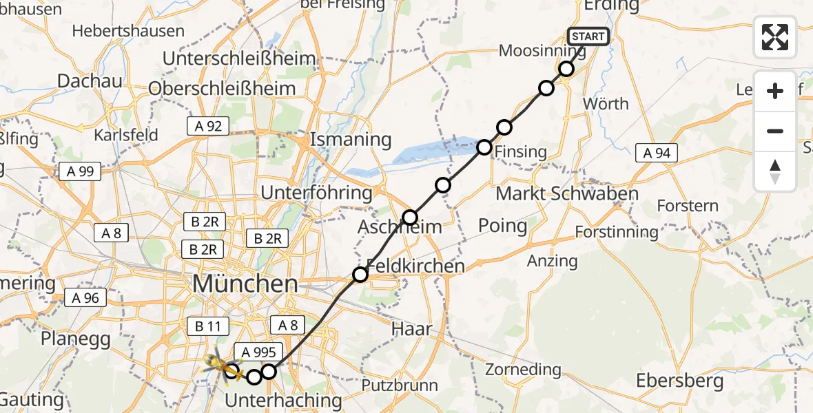 Flugroute Rettungshubschrauber Erding - ADAC Air Rescue Center Hubschrauberlandeplatz (Christoph 1), 02 Juli 2026, 10:32