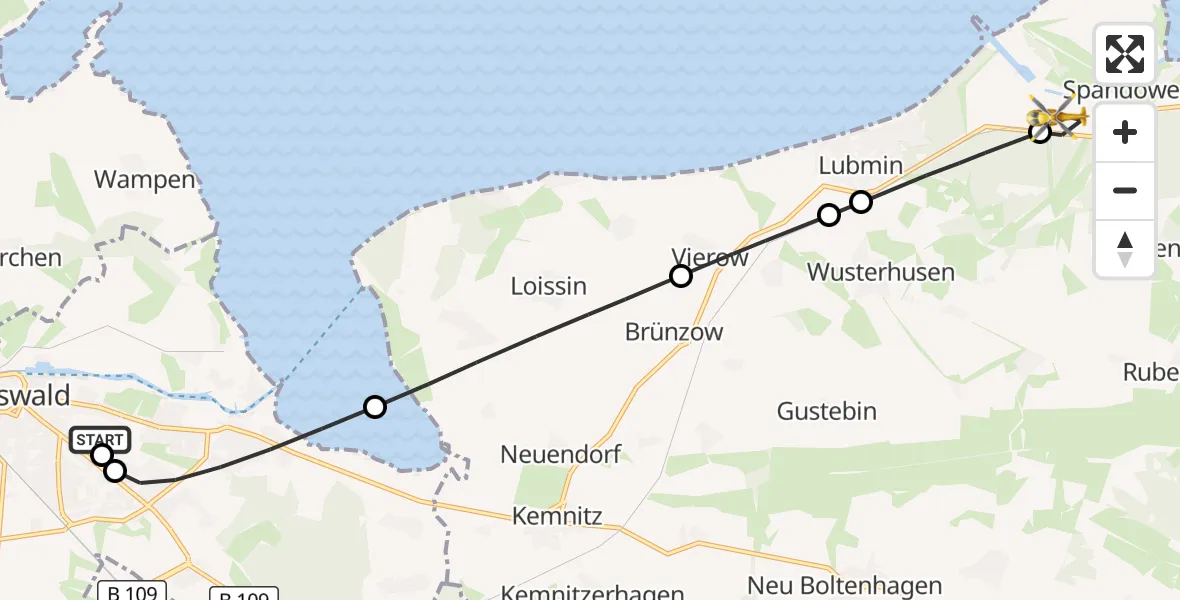 Flugroute Rettungshubschrauber Greifswald Hospital - Rubenow, 02 Juli 2026, 10:37