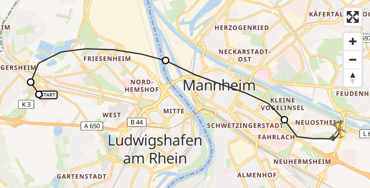 Flugroute Rettungshubschrauber Ludwigshafen Accident Hospital - Mannheim-City Flughafen, 02 Juli 2026, 10:39