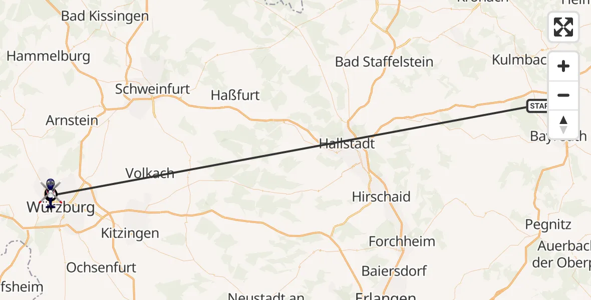 Flugroute Polizeihubschrauber Neudrossenfeld - Würzburg-Schenkenturm Flugplatz, 02 Juli 2026, 10:42