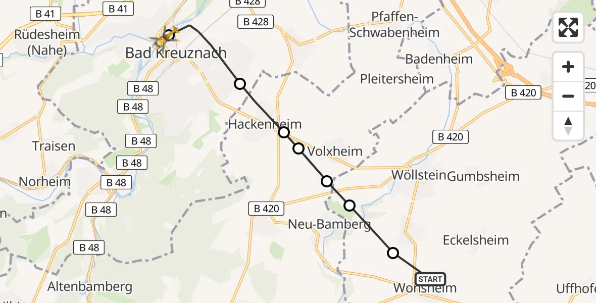 Flugroute Rettungshubschrauber Wonsheim - Sankt Marienworth Hospital, 02 Juli 2026, 10:49