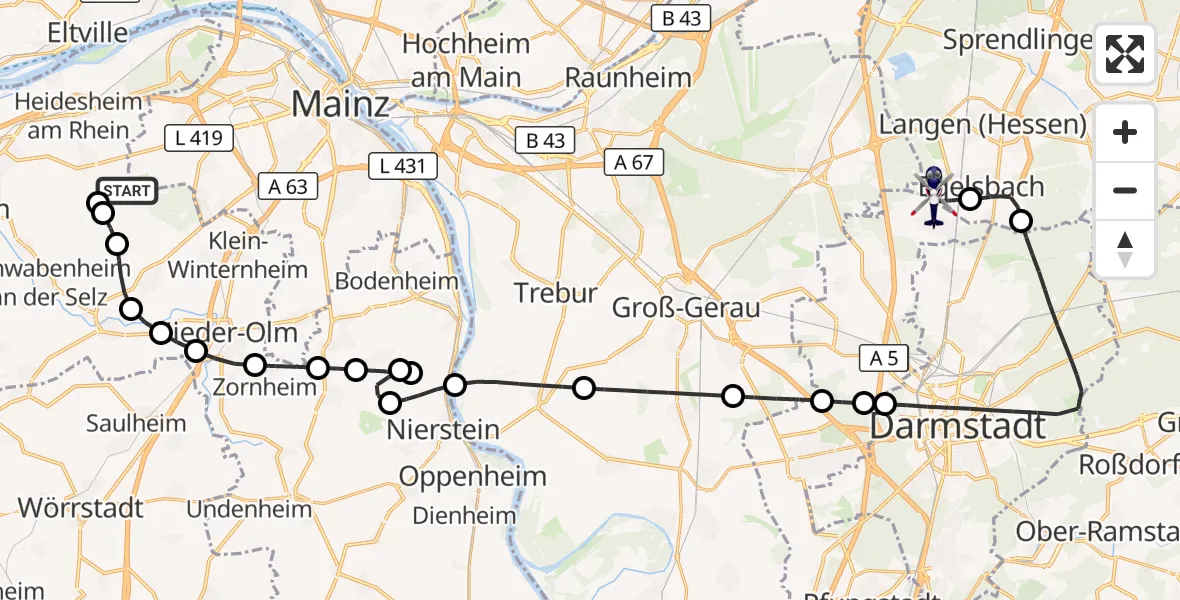 Flugroute Polizeihubschrauber Mainz-Finthen Flugplatz - Flughafen Frankfurt-Egelsbach, 02 Juli 2026, 10:50