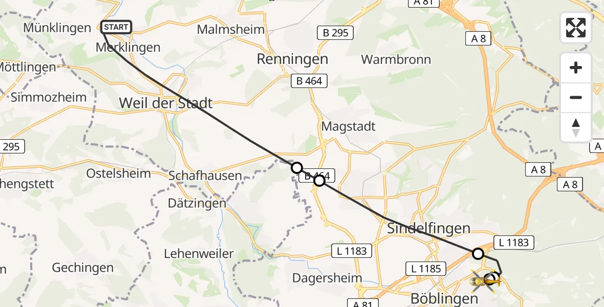 Flugroute Rettungshubschrauber Weil der Stadt - Böblingen Hospital, 02 Juli 2026, 10:56