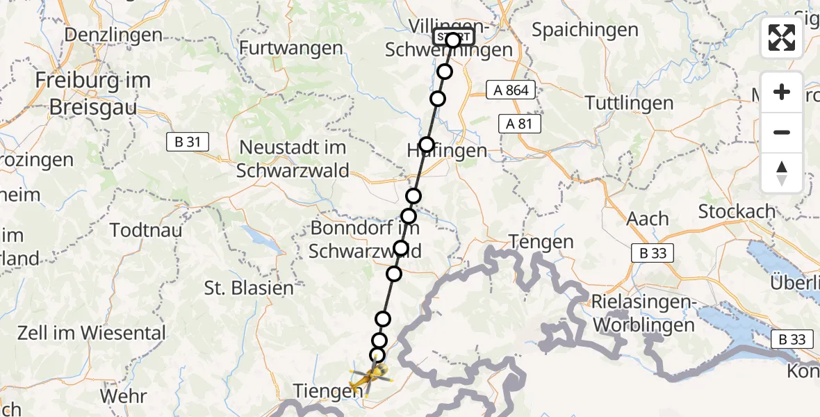 Flugroute Ambulanzhubschrauber DRF Air Rescue Station Villingen-Schwenningen Hubschrauberlandeplatz (Christoph 11) - Wutöschingen, 02 Juli 2026, 10:57