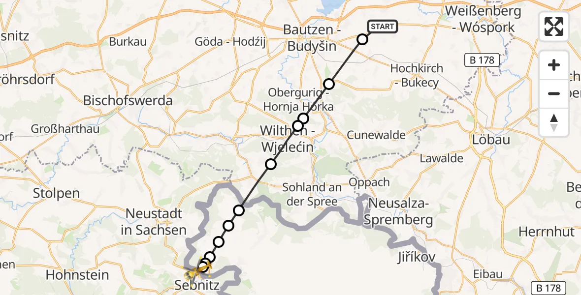 Flugroute Rettungshubschrauber Bautzen Flugplatz - Saxon Switzerland Clinic Sebnitz Hubschrauberlandeplatz, 02 Juli 2026, 10:57