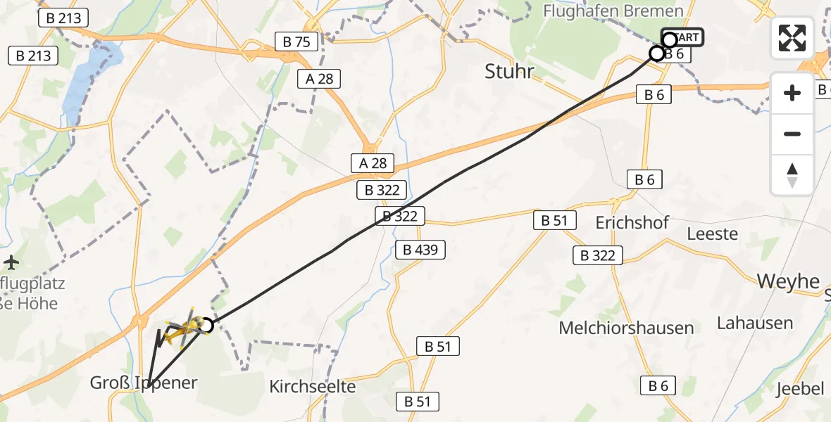 Flugroute Rettungshubschrauber ADAC Air Rescue Station Bremen Hubschrauberlandeplatz (Christoph 6) - Groß Ippener, 02 Juli 2026, 10:58
