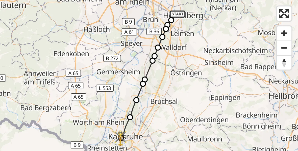 Flugroute Ambulanzhubschrauber Heidelberg - Sankt Vincentius Hospital, 02 Juli 2026, 11:01
