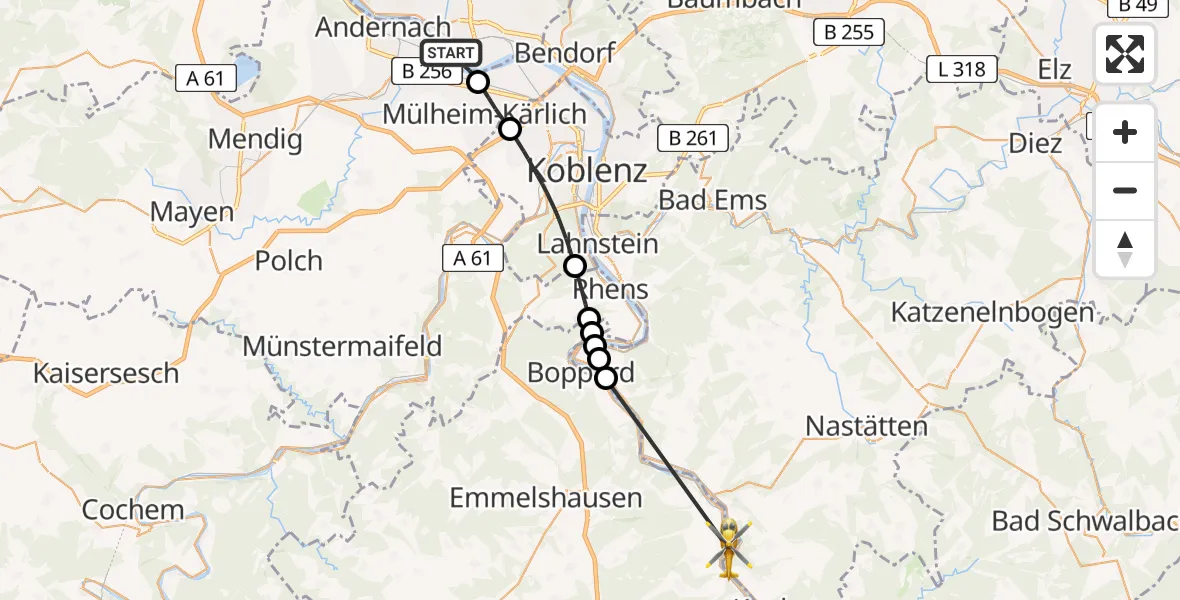 Flugroute Rettungshubschrauber Neuwied - Oberwesel, 02 Juli 2026, 11:05