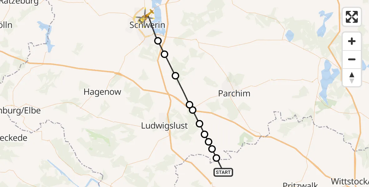 Flugroute Rettungshubschrauber Karstädt - Schwerin, 02 Juli 2026, 11:09