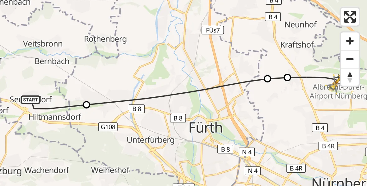 Flugroute Ambulanzhubschrauber Seukendorf - Flughafen Nuremberg, 02 Juli 2026, 11:10
