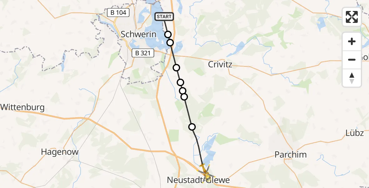 Flugroute Rettungshubschrauber Leezen - Neustadt-Glewe, 02 Juli 2026, 11:10