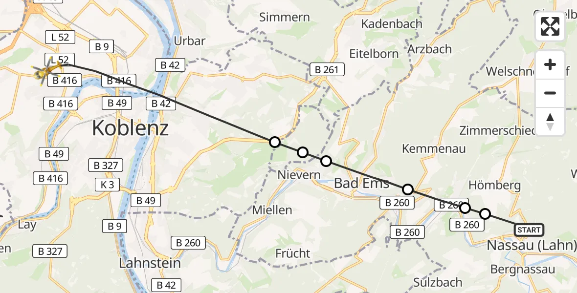 Flugroute Rettungshubschrauber Nassau - Koblenz, 02 Juli 2026, 11:14