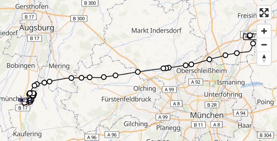 Flugroute Polizeihubschrauber München Flughafen - Lechfeld Militärflugplatz, 02 Juli 2026, 11:16