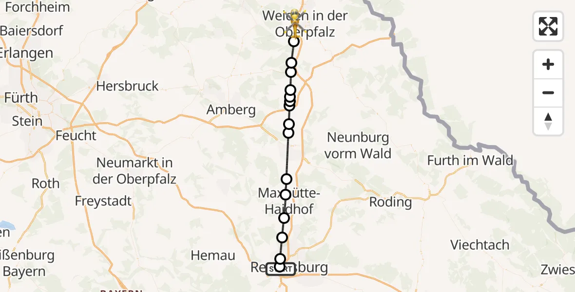 Flugroute Rettungshubschrauber Barmherzige Brüder (Brothers of Mercy) Hospital Regensburg - Weiden i.d.OPf., 02 Juli 2026, 11:17