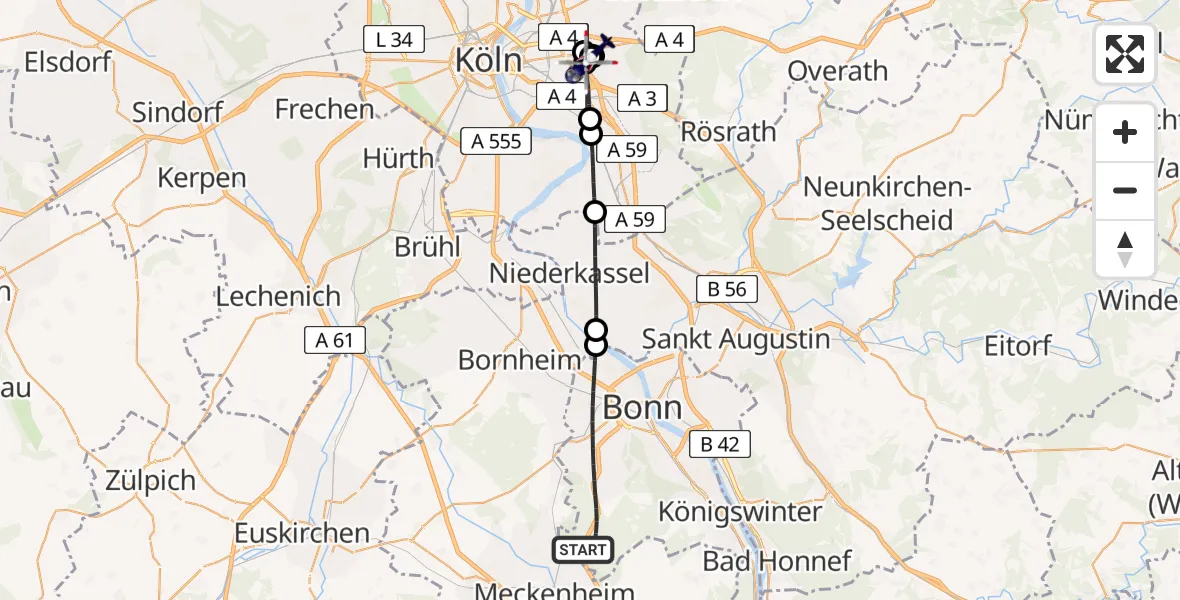 Flugroute Polizeihubschrauber Bonn - Merheim Hospital, 02 Juli 2026, 11:24