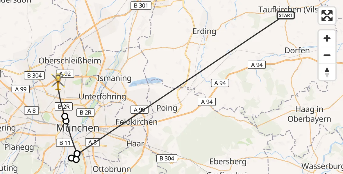 Flugroute Rettungshubschrauber Taufkirchen (Vils) - München, 02 Juli 2026, 11:24