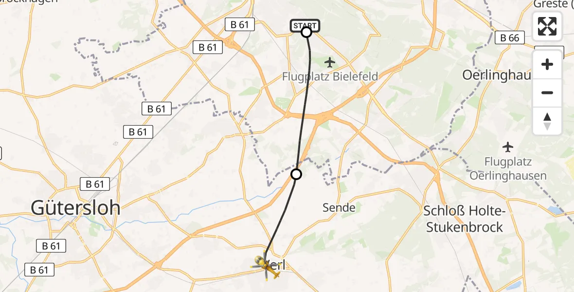 Flugroute Rettungshubschrauber Luftrettungszentrum Bielefeld - Verl, 02 Juli 2026, 11:28