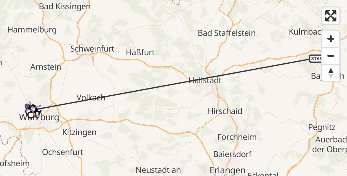 Flugroute Polizeihubschrauber Neudrossenfeld - Würzburg, 02 Juli 2026, 11:30
