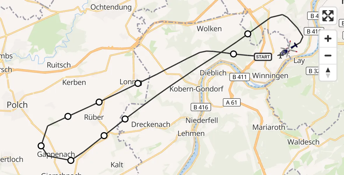 Flugroute Polizeihubschrauber Winningen - Koblenz-Winningen Flugplatz, 02 Juli 2026, 11:33