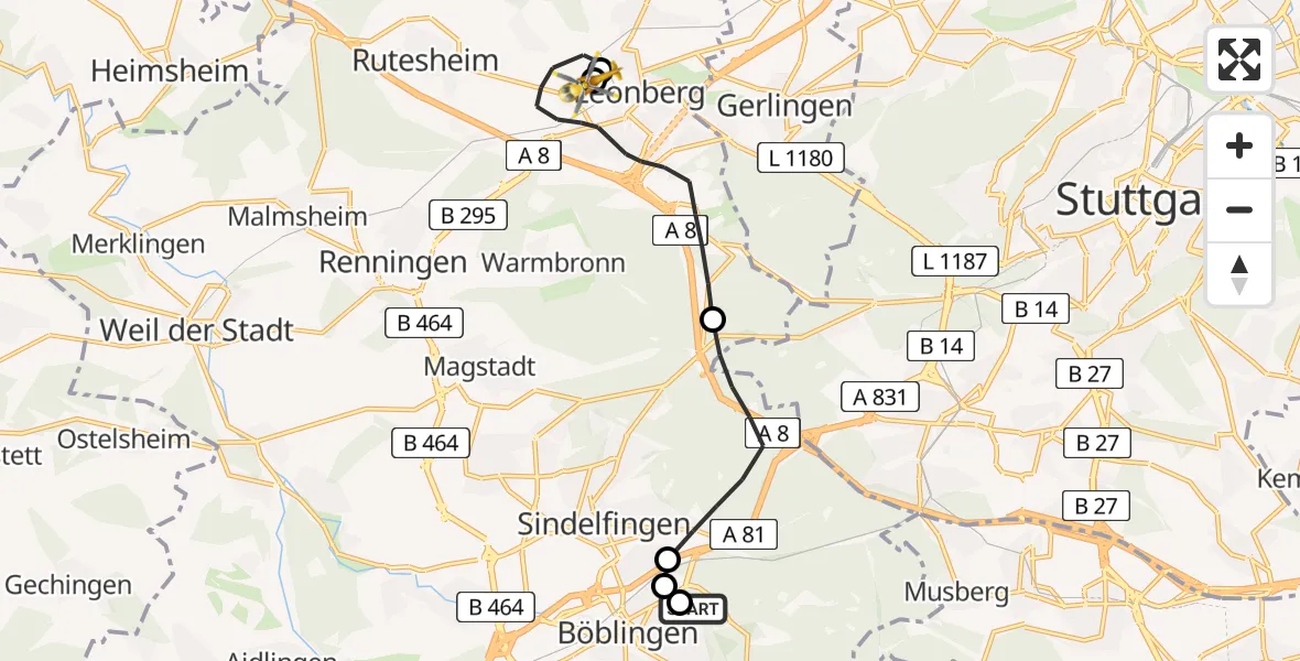 Flugroute Rettungshubschrauber Böblingen Hospital - Leonberg Hospital, 02 Juli 2026, 11:34