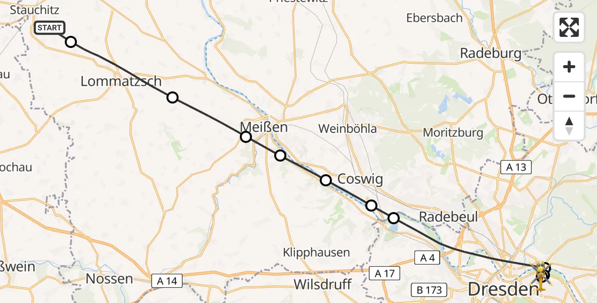 Flugroute Rettungshubschrauber Stauchitz - Dresden University Hospital, 02 Juli 2026, 11:39
