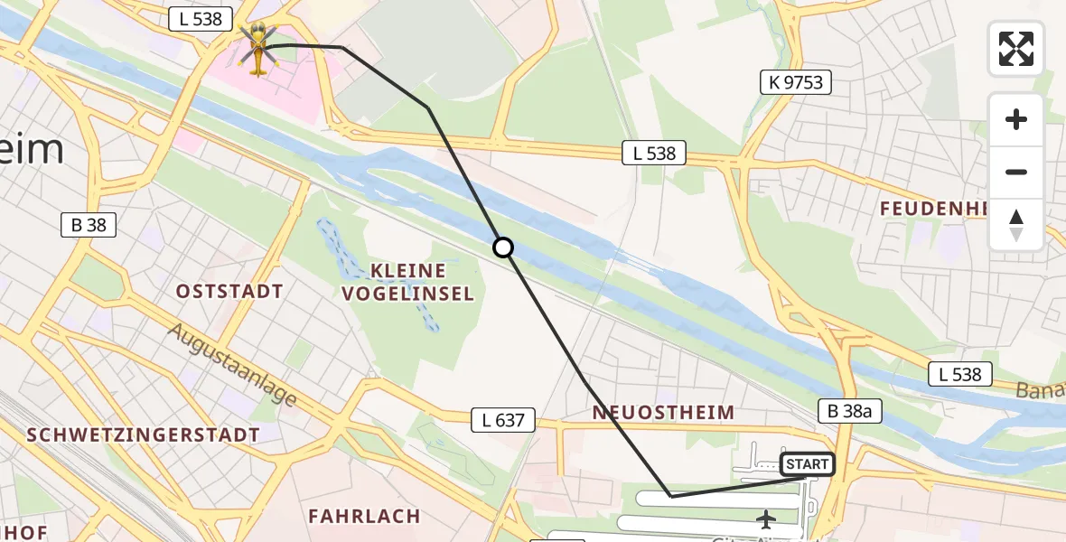 Flugroute Rettungshubschrauber Mannheim-City Flughafen - Mannheim, 02 Juli 2026, 11:41