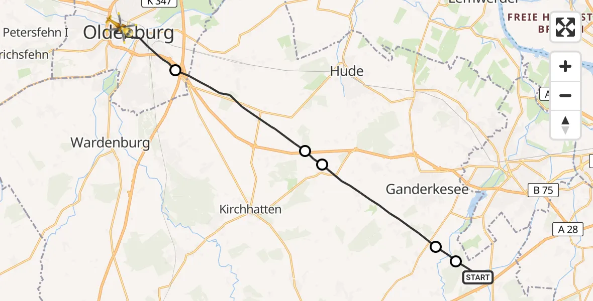 Flugroute Rettungshubschrauber Groß Ippener - Oldenburg (Oldb), 02 Juli 2026, 11:41