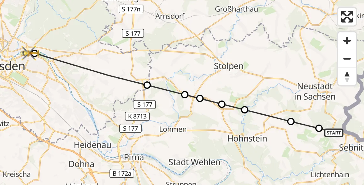 Flugroute Rettungshubschrauber Sebnitz - Dresden Elbwiesen Hubschrauberlandeplatz, 02 Juli 2026, 11:43