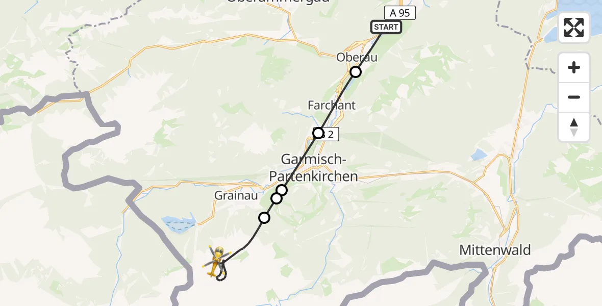Flugroute Rettungshubschrauber Oberau - Grainau, 02 Juli 2026, 11:44
