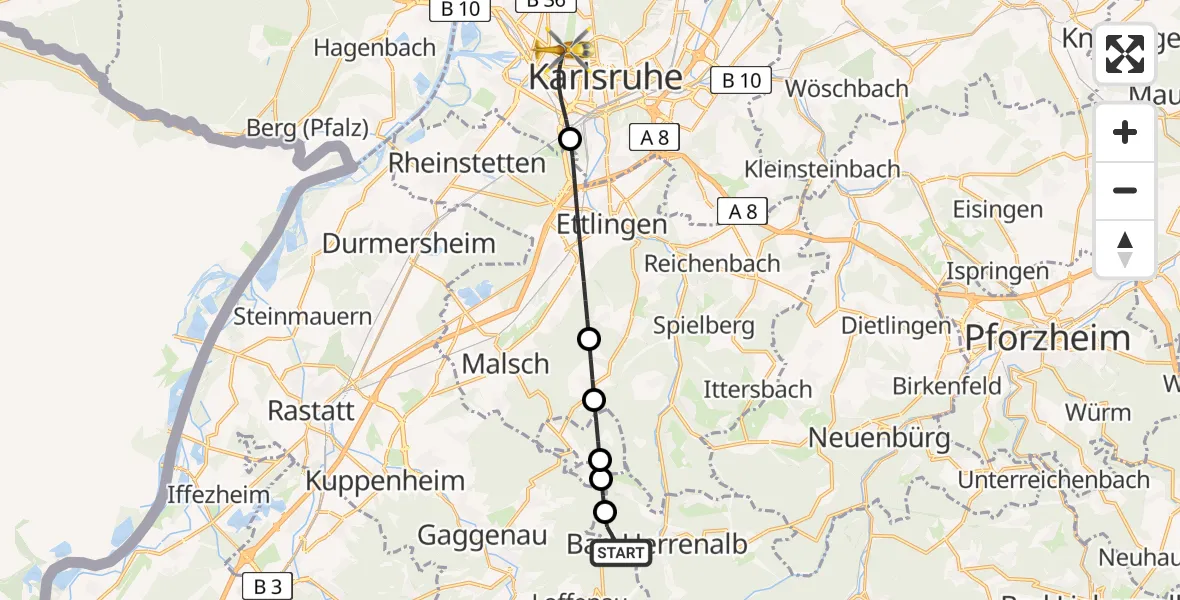 Flugroute Rettungshubschrauber Bad Herrenalb - Karlsruhe, 02 Juli 2026, 11:45