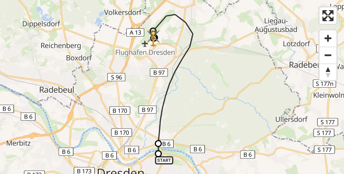 Flugroute Rettungshubschrauber Dresden University Hospital - Dresden Flughafen, 02 Juli 2026, 11:45