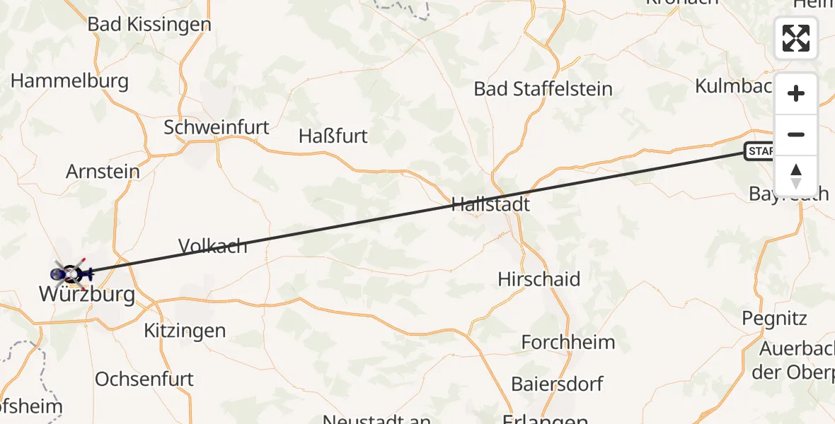 Flugroute Polizeihubschrauber Neudrossenfeld - Würzburg, 02 Juli 2026, 11:47